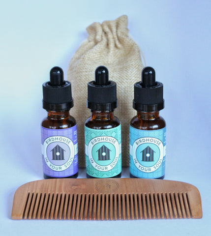 birdhouse gift set - All three 20ml beard oils and wooden comb.